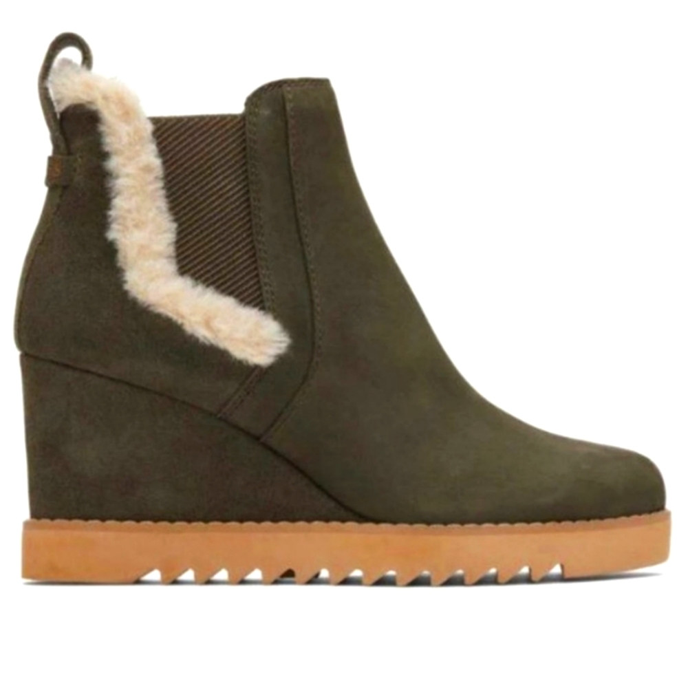 TOM'S Maddie Olive Nubuck Wedge Boot in Tarmac Olive NEW no box Size 8